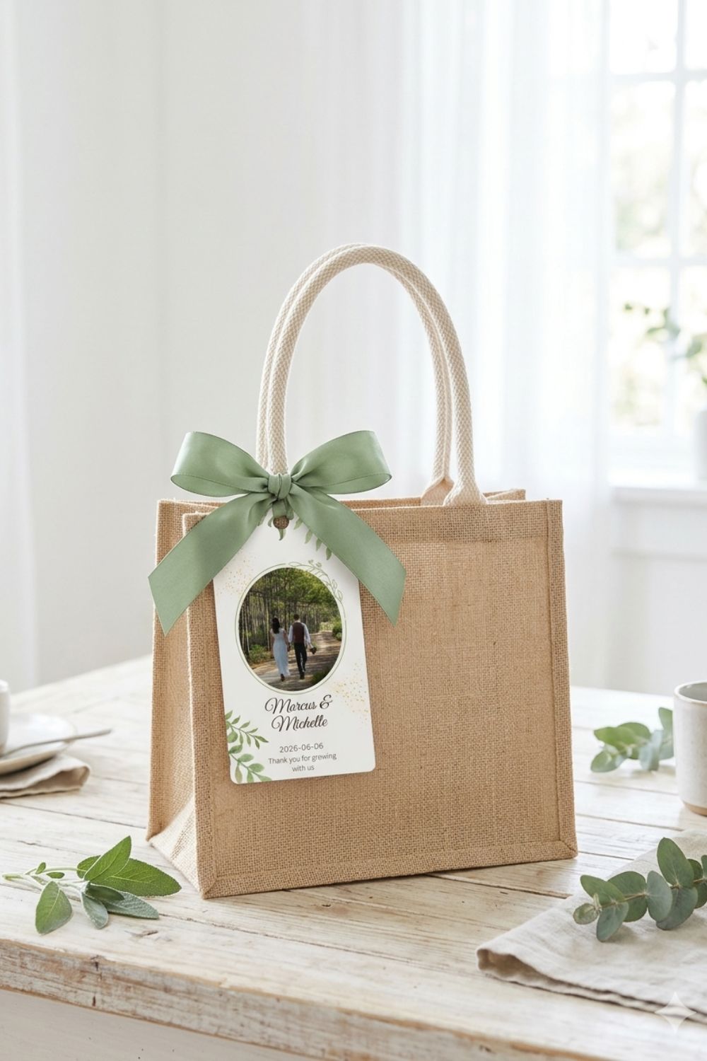 Wedding favor tags tied with ribbon to linen bags