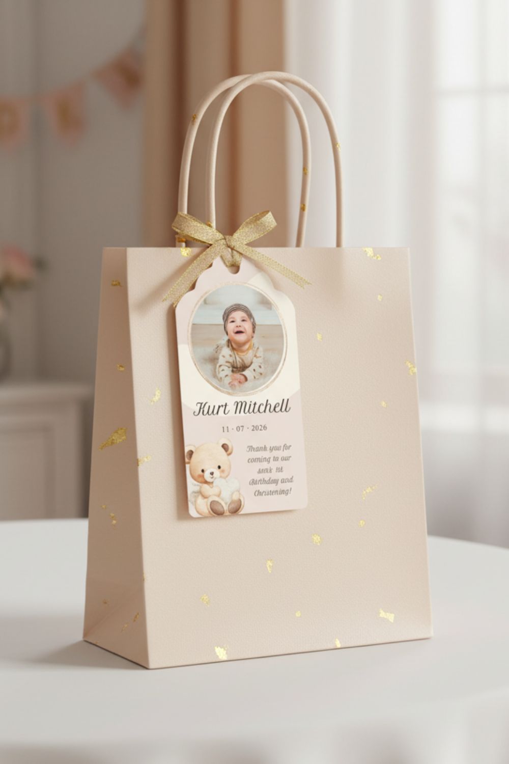 Birthday tag close up with printed names