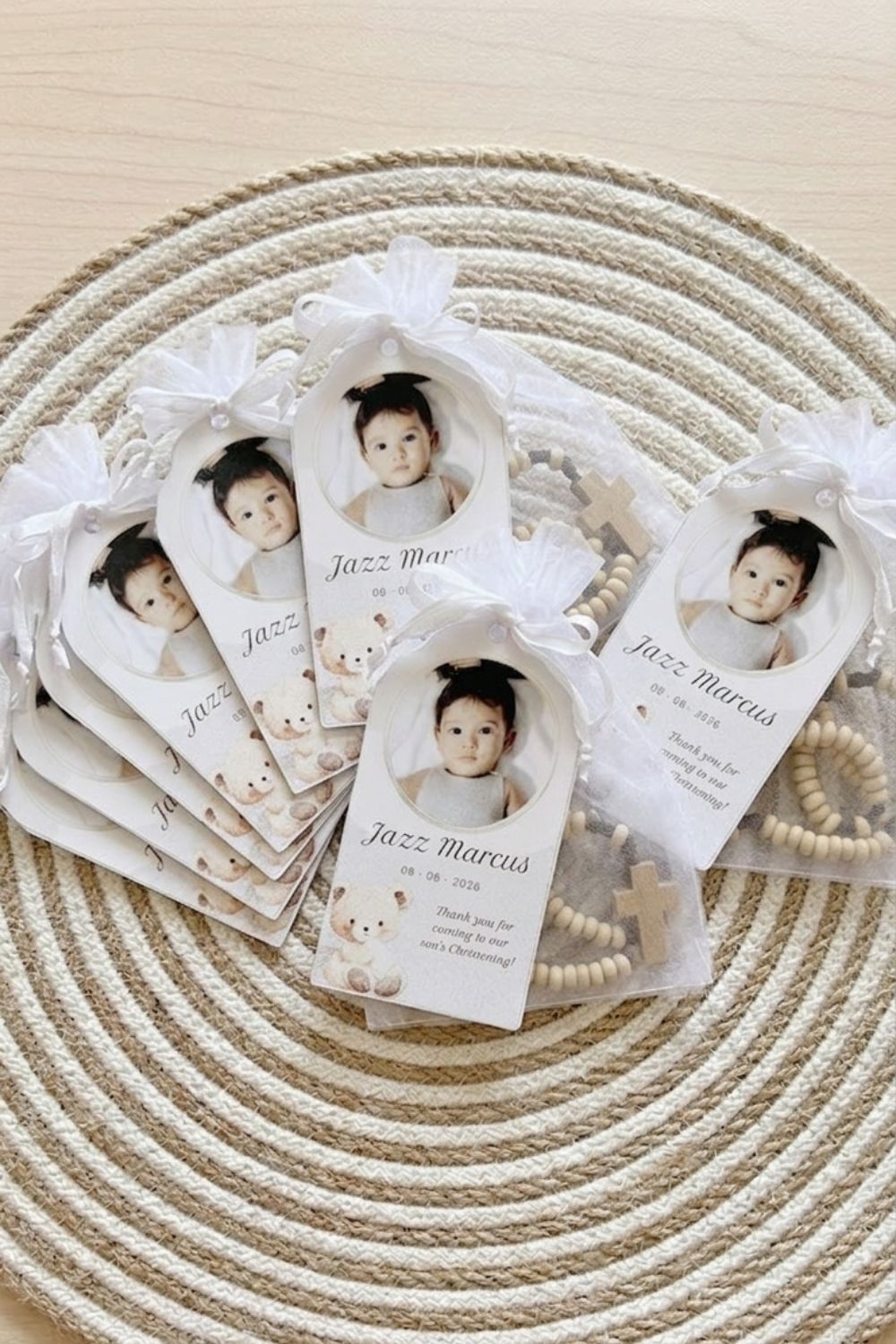 Baptism favor tags with ribbon detail
